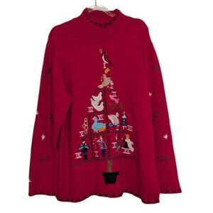 Vintage 12 Days of Christmas Sweater Womens Size XL Red Embroidered Knit